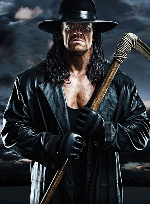 The Undertaker Black Leather Long Coat – close-up and worn views