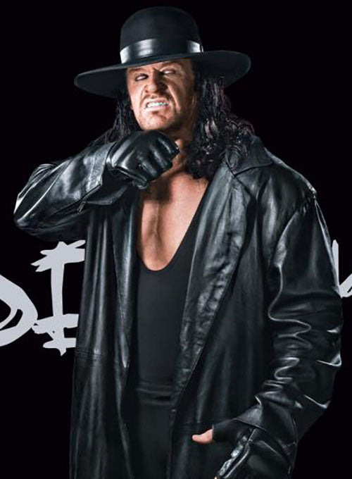 The Undertaker Black Leather Long Coat – close-up and worn views