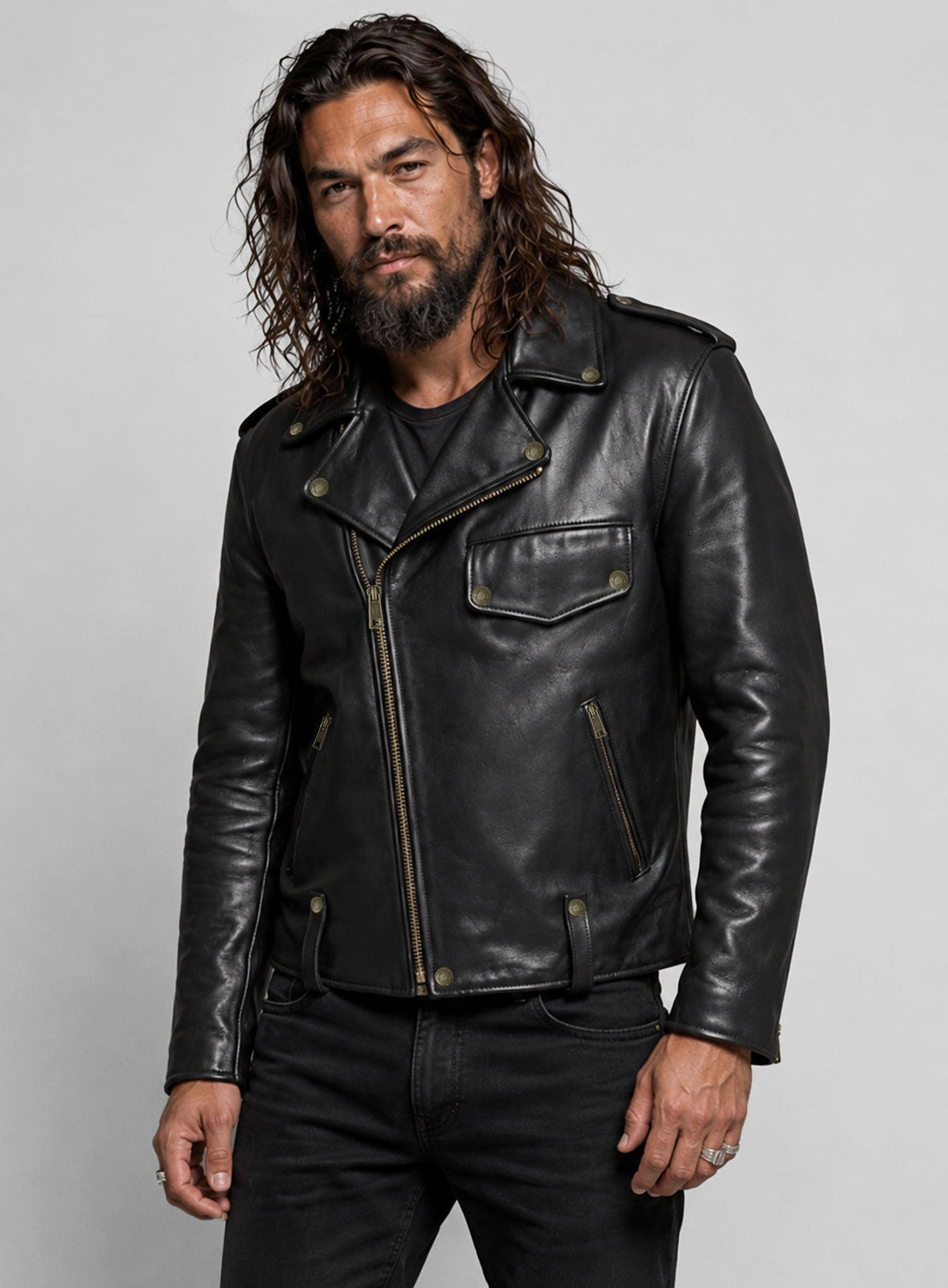 The Wrecking Crew Jason Momoa Black Leather Jacket – close-up and worn views