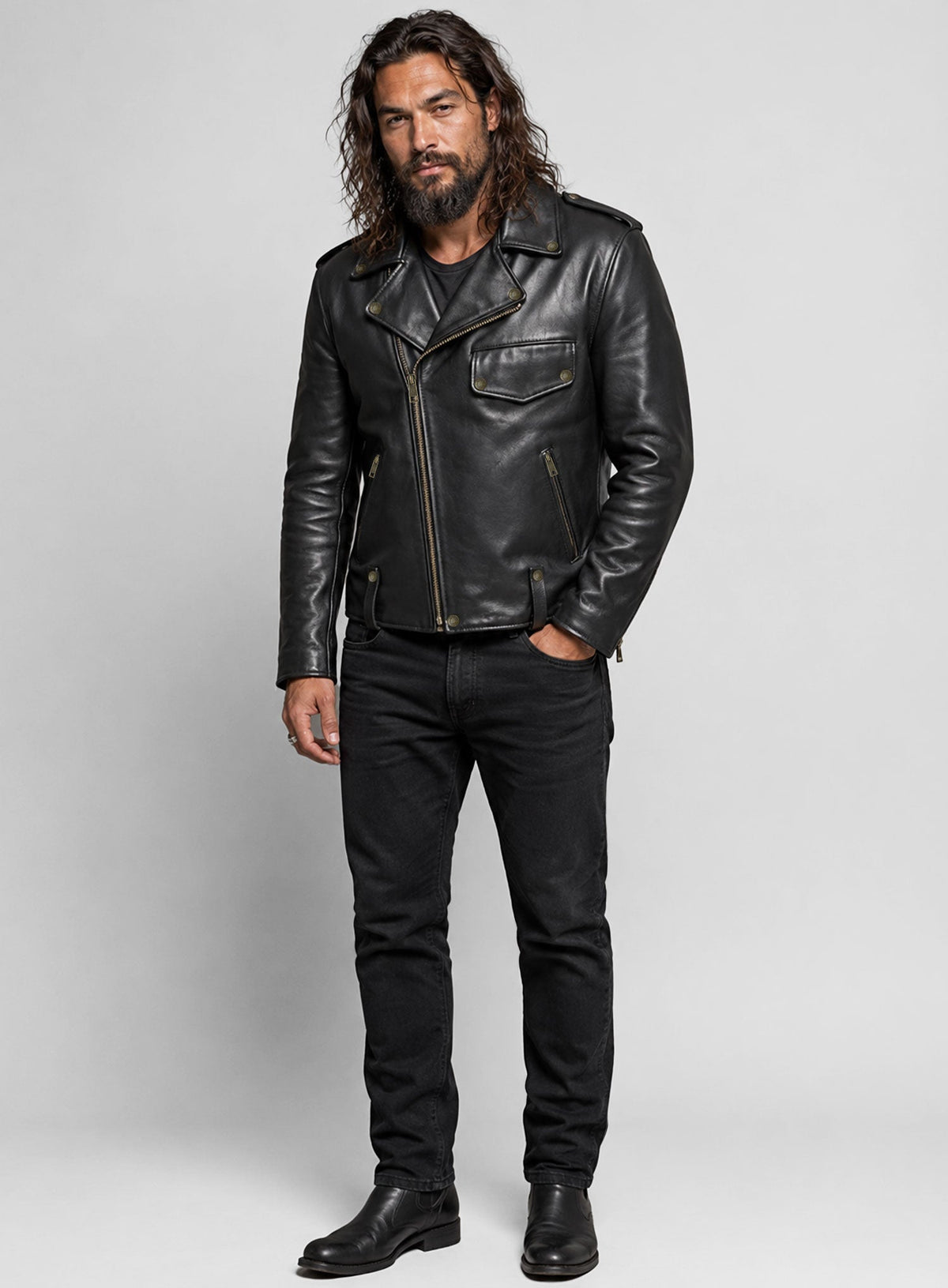 The Wrecking Crew Jason Momoa Black Leather Jacket – close-up and worn views