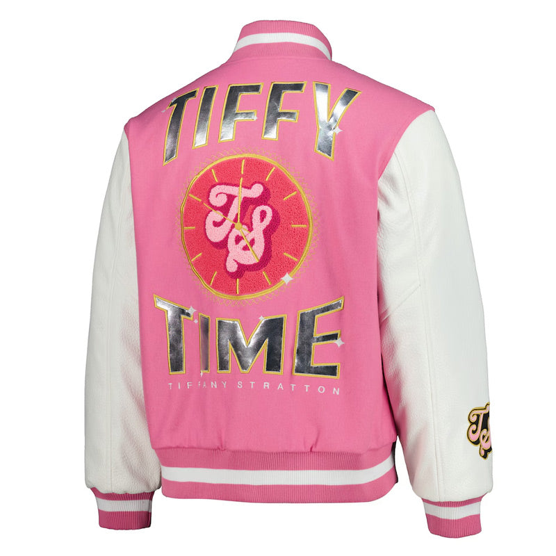 Back view of pink Tiffy Time varsity jacket showing TIFFY TIME metallic lettering and TS clock patch
