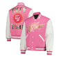 Studio front and back of pink Tiffany Stratton varsity jacket with gold Tiffany script and white snap front