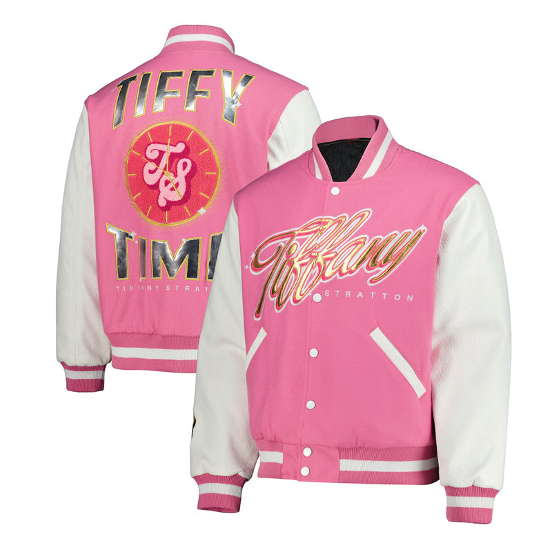 Studio front and back of pink Tiffany Stratton varsity jacket with gold Tiffany script and white snap front
