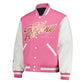 Alternate studio front of Tiffany Stratton inspired pink varsity jacket with STRATTON chest text