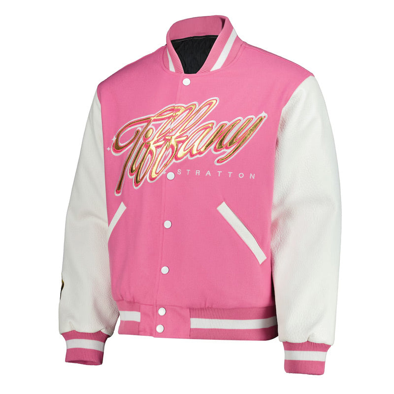 Alternate studio front of Tiffany Stratton inspired pink varsity jacket with STRATTON chest text