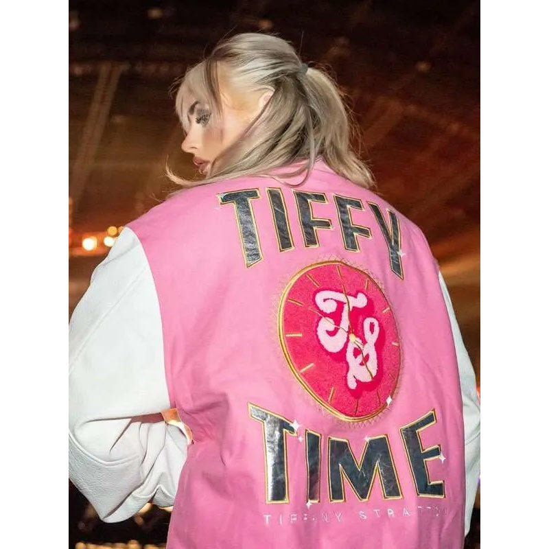 Side/three-quarter view of pink and white Tiffy Time letterman-style varsity jacket