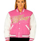 Back studio shot emphasizing TIFFY TIME chenille clock emblem on pink varsity jacket