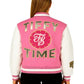 Additional product angle of pink Tiffany Stratton Tiffy Time snap varsity jacket