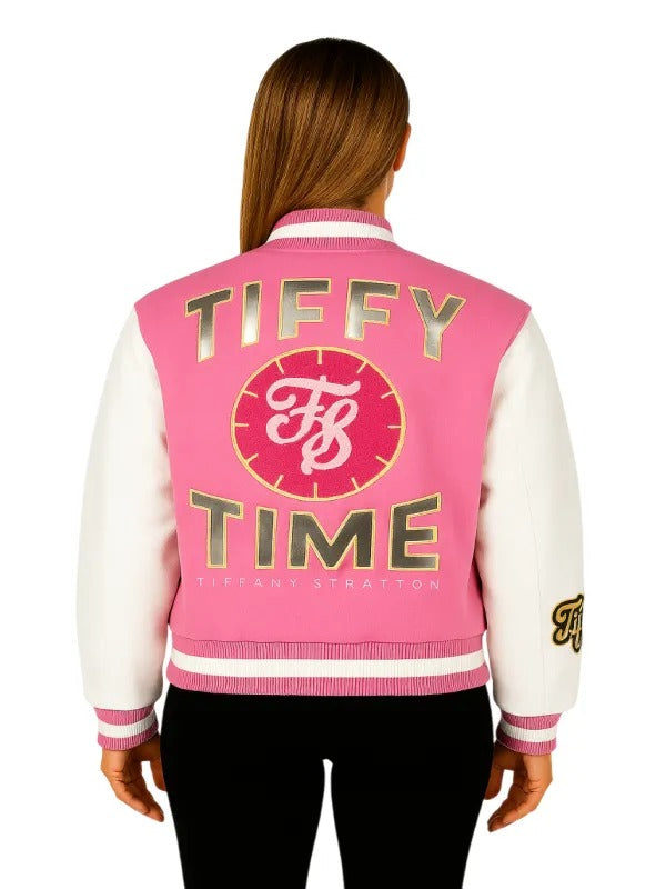 Additional product angle of pink Tiffany Stratton Tiffy Time snap varsity jacket