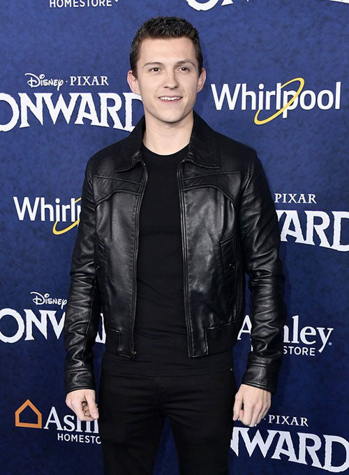Tom Holland Black Bomber Leather Jacket – Tom Holland wearing the look, photo 2