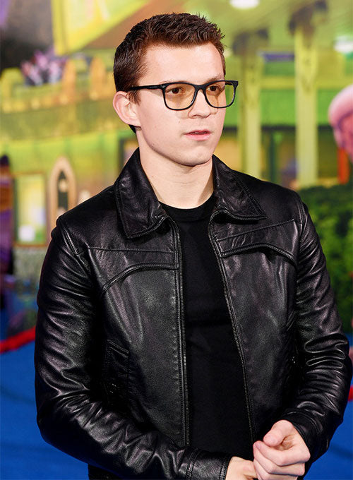 Tom Holland Black Bomber Leather Jacket – Tom Holland wearing the look, photo 3