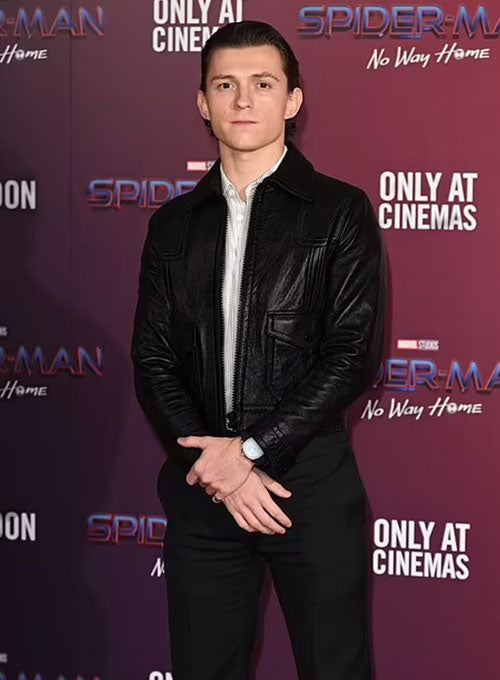 Tom Holland Black Leather Jacket Style 2 – Tom Holland wearing the look, photo 2