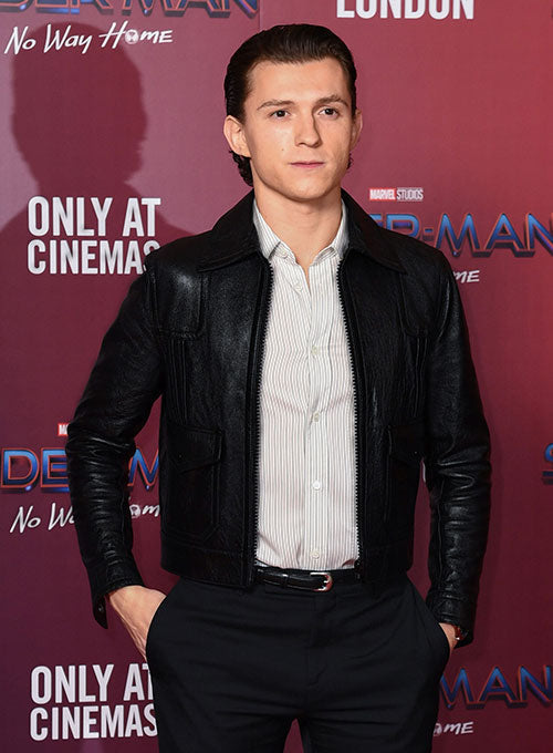Tom Holland Black Leather Jacket Style 2 – Tom Holland wearing the look, photo 3