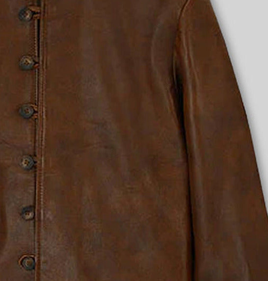 Tom Riley Da Vinci's Demons Black Leather Jacket Style 2 – close-up detail of front closure, pocket and leather stitching