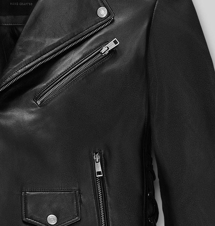 Triple H Black Leather Jacket – close-up detail of front closure, pocket and leather stitching