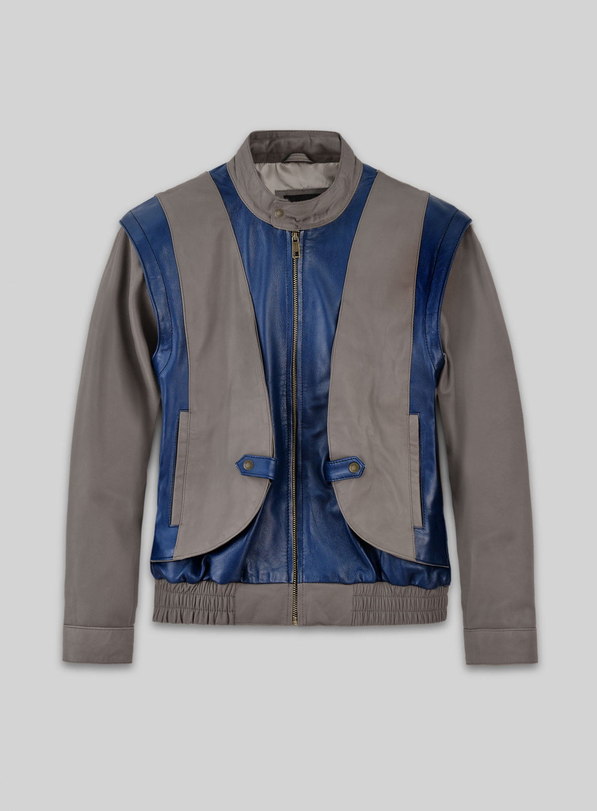 Tye Sheridan X-Men Apocalypse Gray & Blue Leather Jacket – front view