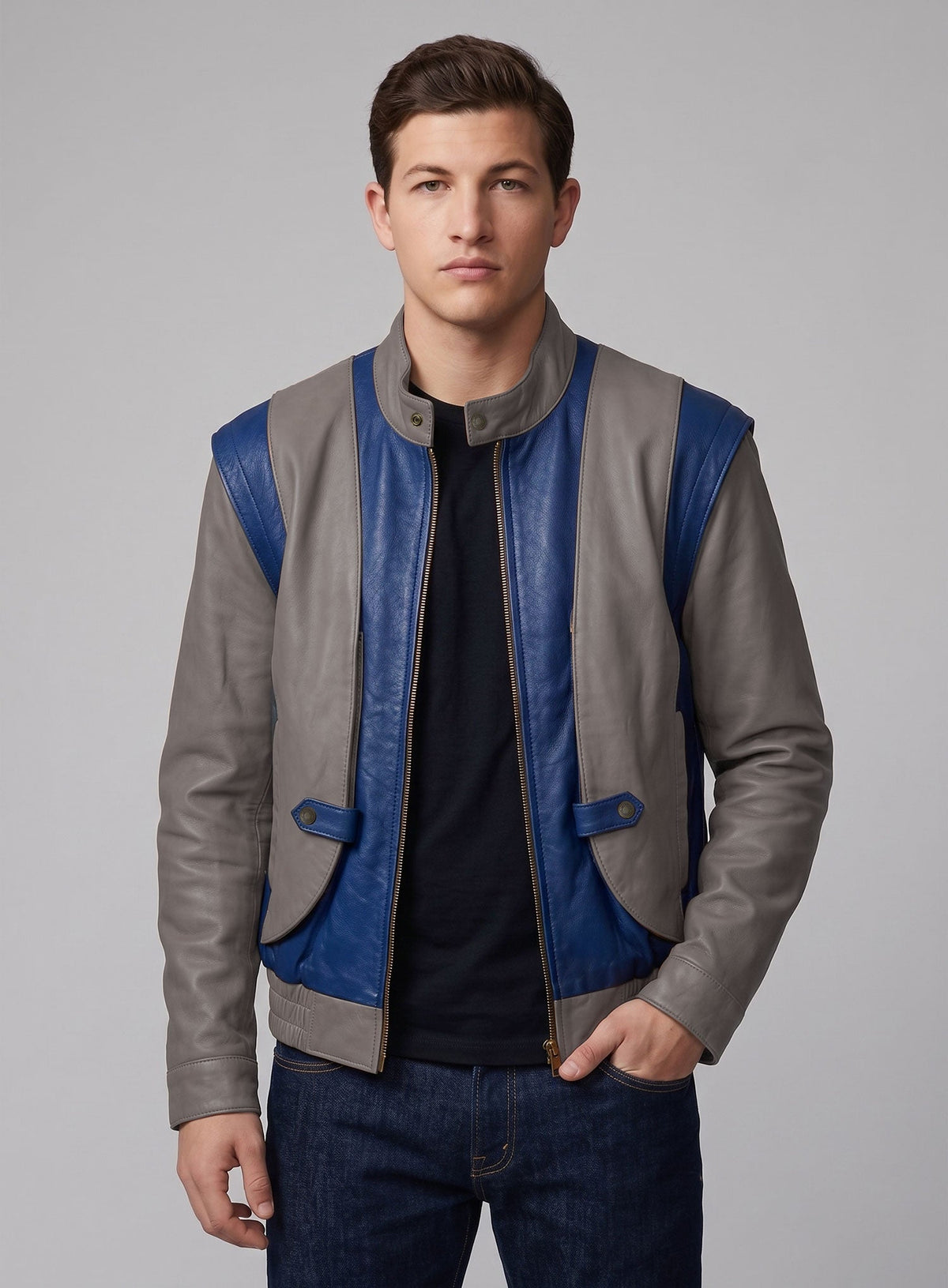 Tye Sheridan X-Men Apocalypse Gray & Blue Leather Jacket – worn look