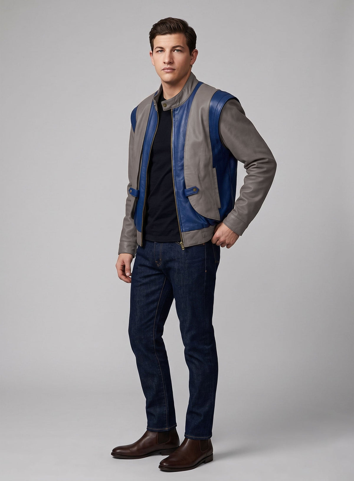 Tye Sheridan X-Men Apocalypse Gray & Blue Leather Jacket – worn look