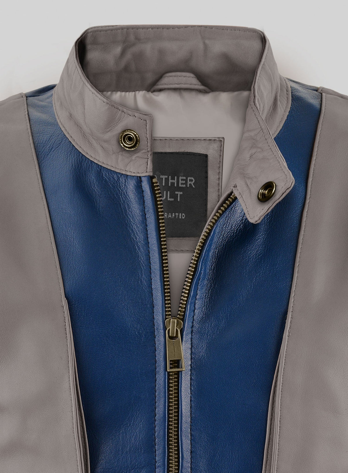 Tye Sheridan X-Men Apocalypse Gray & Blue Leather Jacket – close-up detail of hardware and pockets
