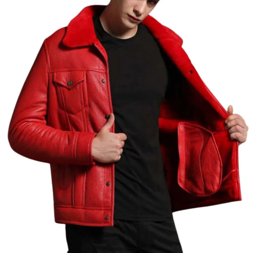 Men’s Trucker Red Shearling Leather Jacket — image 1