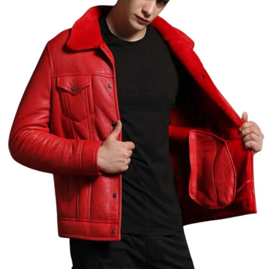 Men’s Trucker Red Shearling Leather Jacket — image 1