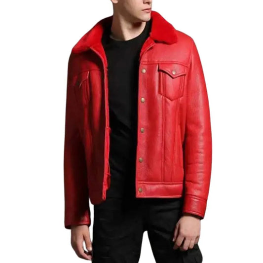 Men’s Trucker Red Shearling Leather Jacket — image 2