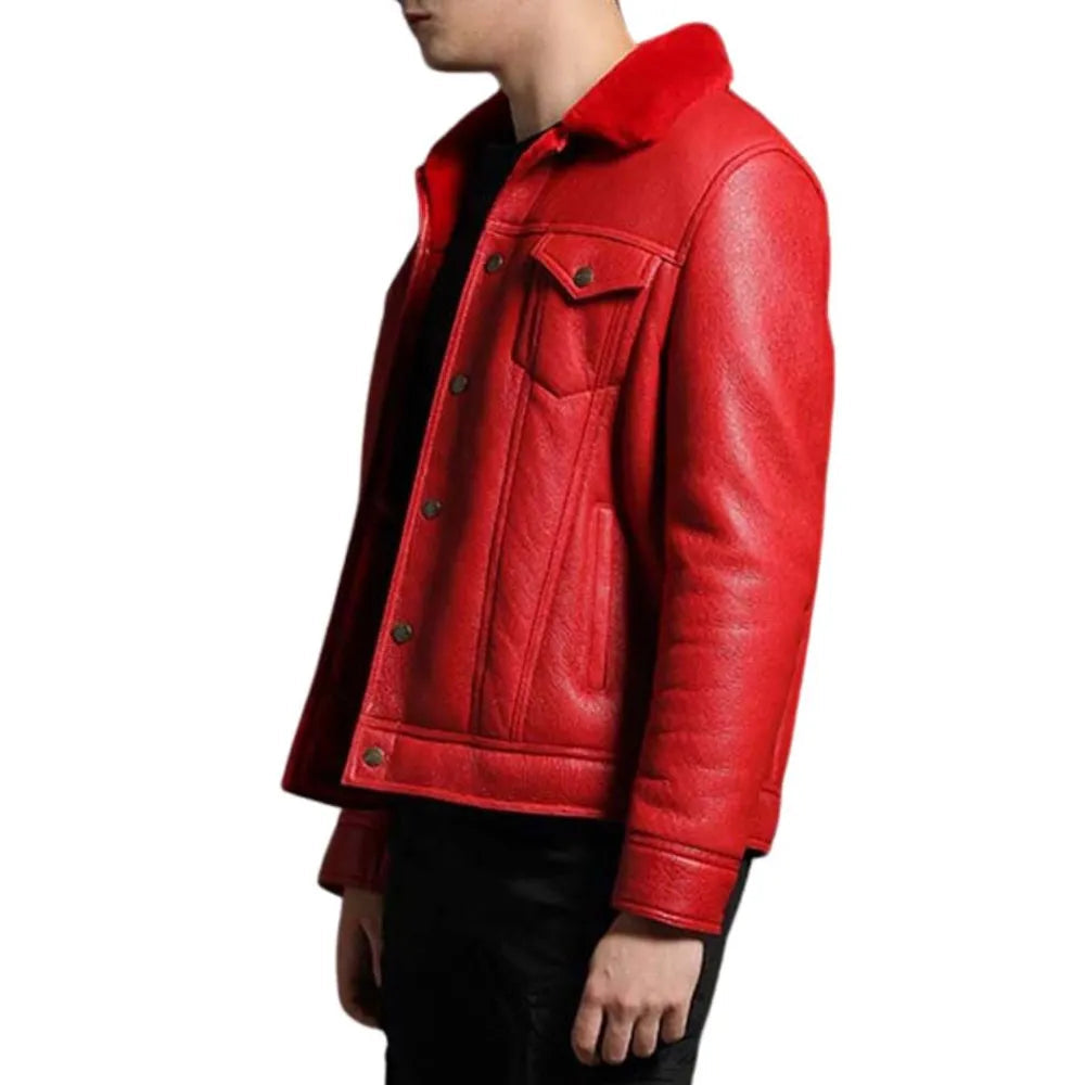 Men’s Trucker Red Shearling Leather Jacket — image 3
