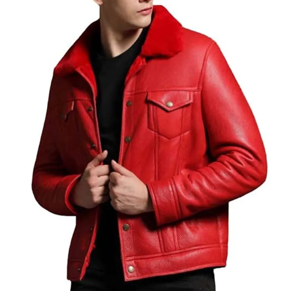 Men’s Trucker Red Shearling Leather Jacket — image 4