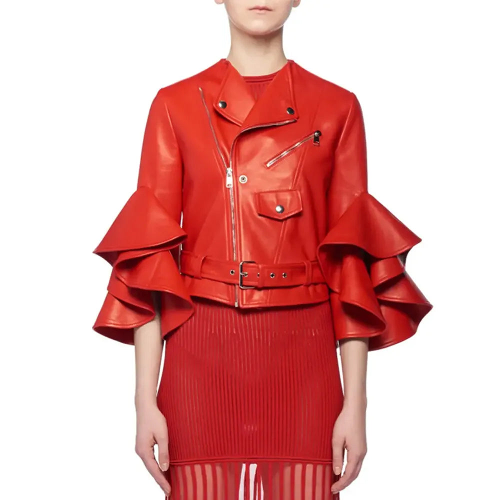 Ruffle Elbow-Sleeve Fitted Cropped Biker Leather Jacket — image 1
