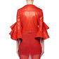 Ruffle Elbow-Sleeve Fitted Cropped Biker Leather Jacket — image 2