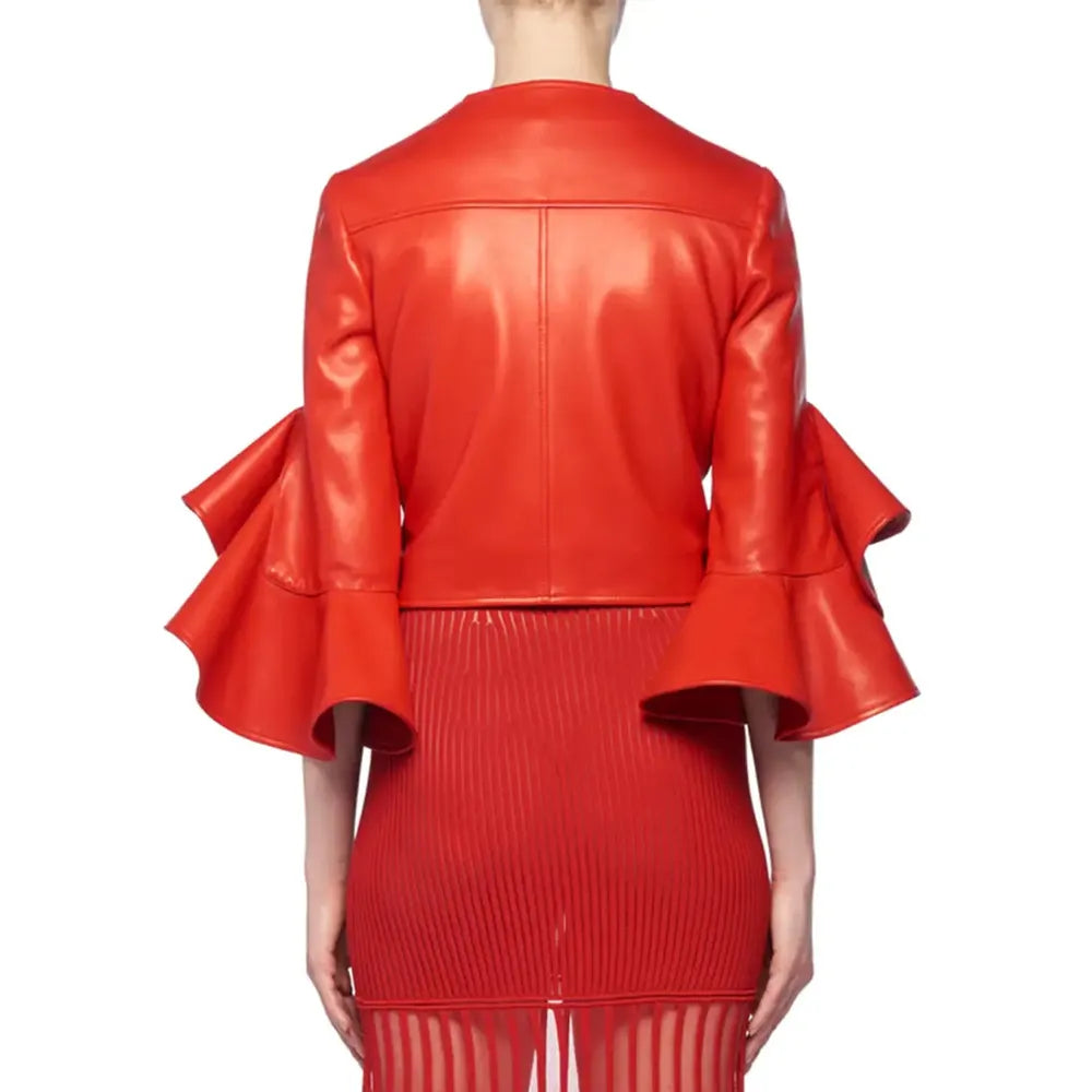Ruffle Elbow-Sleeve Fitted Cropped Biker Leather Jacket — image 2