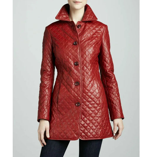 Women’s Quilted Red Mid Length Leather Coat view 1