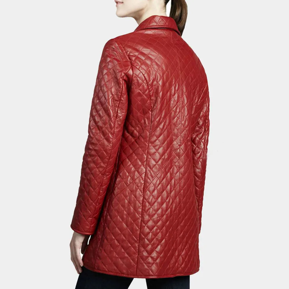 Women’s Quilted Red Mid Length Leather Coat view 3