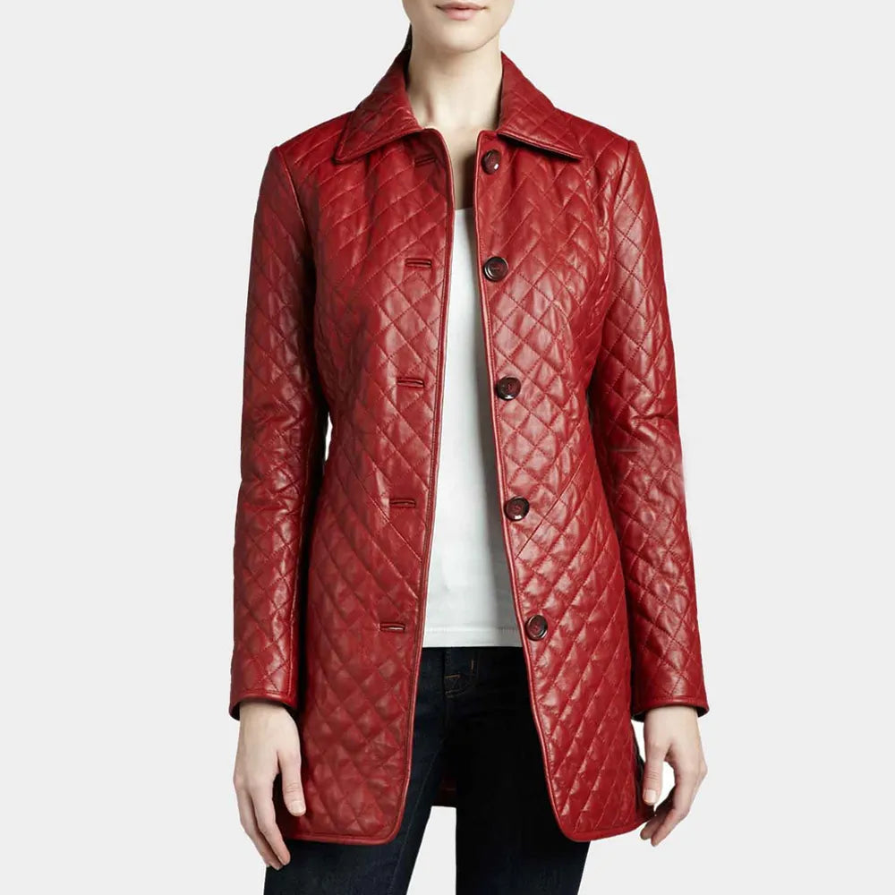 Women’s Quilted Red Mid Length Leather Coat view 2