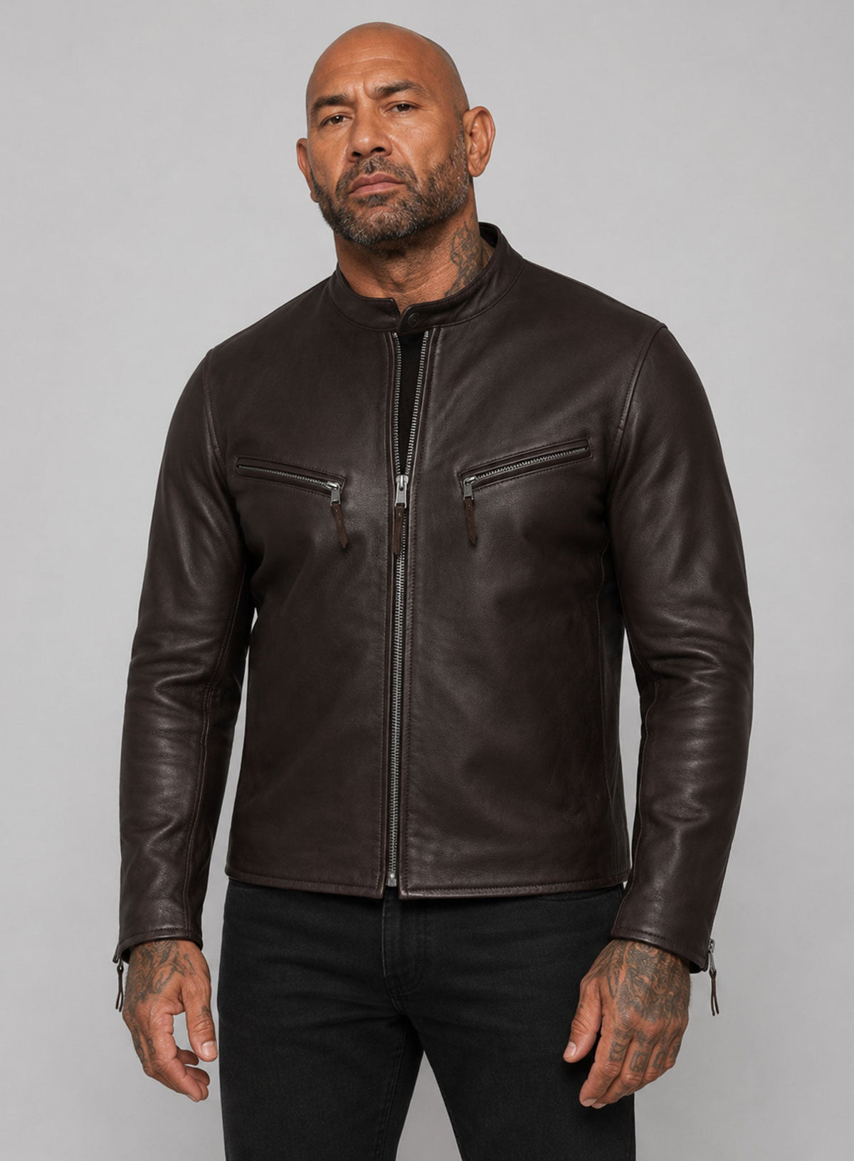 Dave Bautista The Wrecking Crew Dark Brown Leather Jacket, product view 2