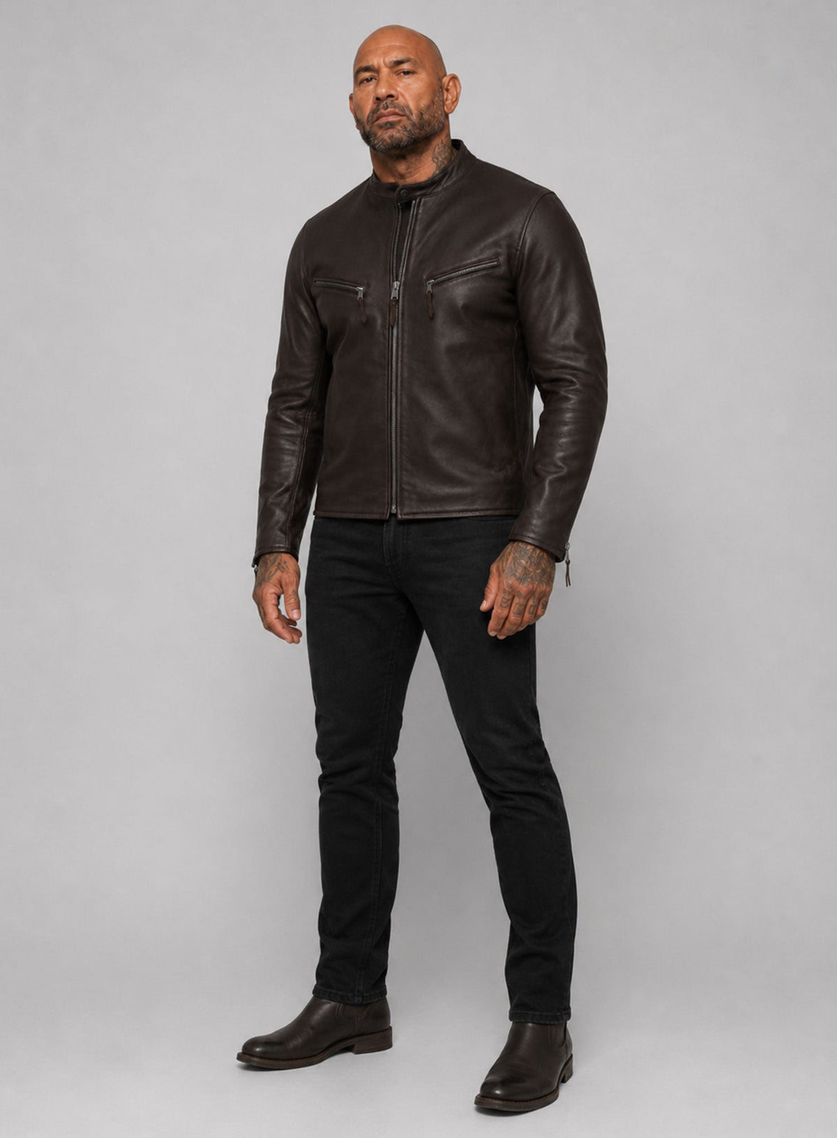 Dave Bautista The Wrecking Crew Dark Brown Leather Jacket, product view 3