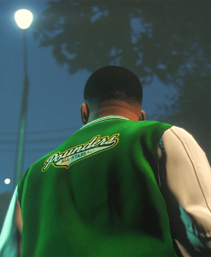 GTA V LS Pounders Bomber Green Letterman Jacket — view 2