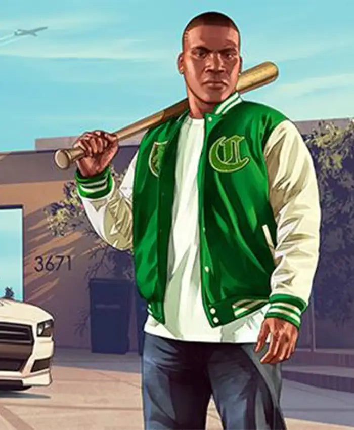 GTA V LS Pounders Bomber Green Letterman Jacket — view 4