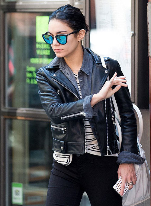 Vanessa Hudgens Black Biker Leather Jacket – close-up and worn views