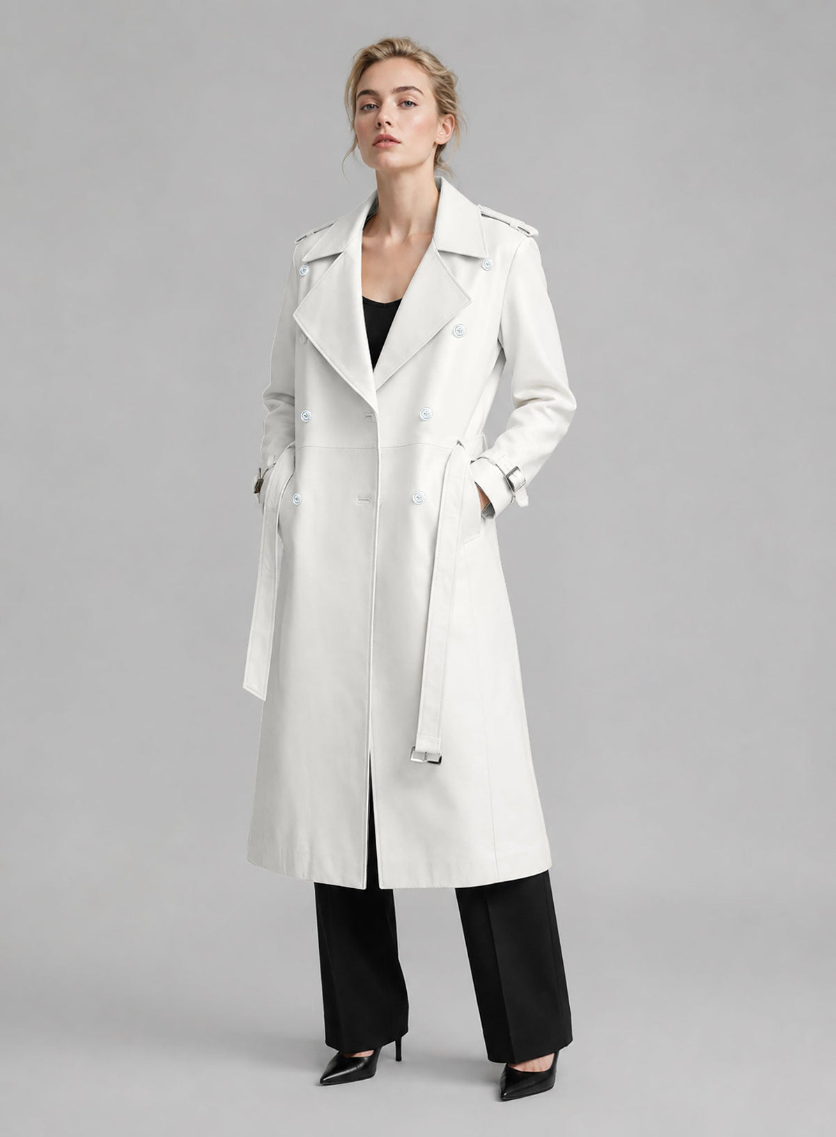 Vanessa Kirby Mission Impossible Fallout Black Leather Long Coat – full product view