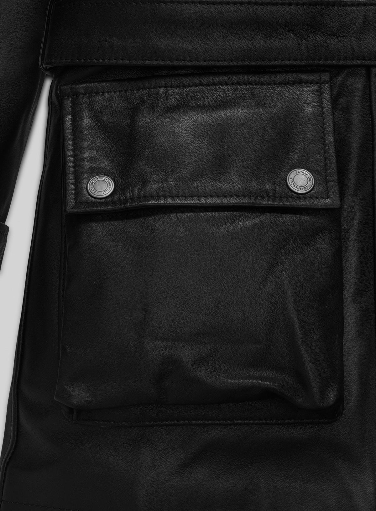 Victoria Beckham Black Leather Trench Coat – close-up and worn views