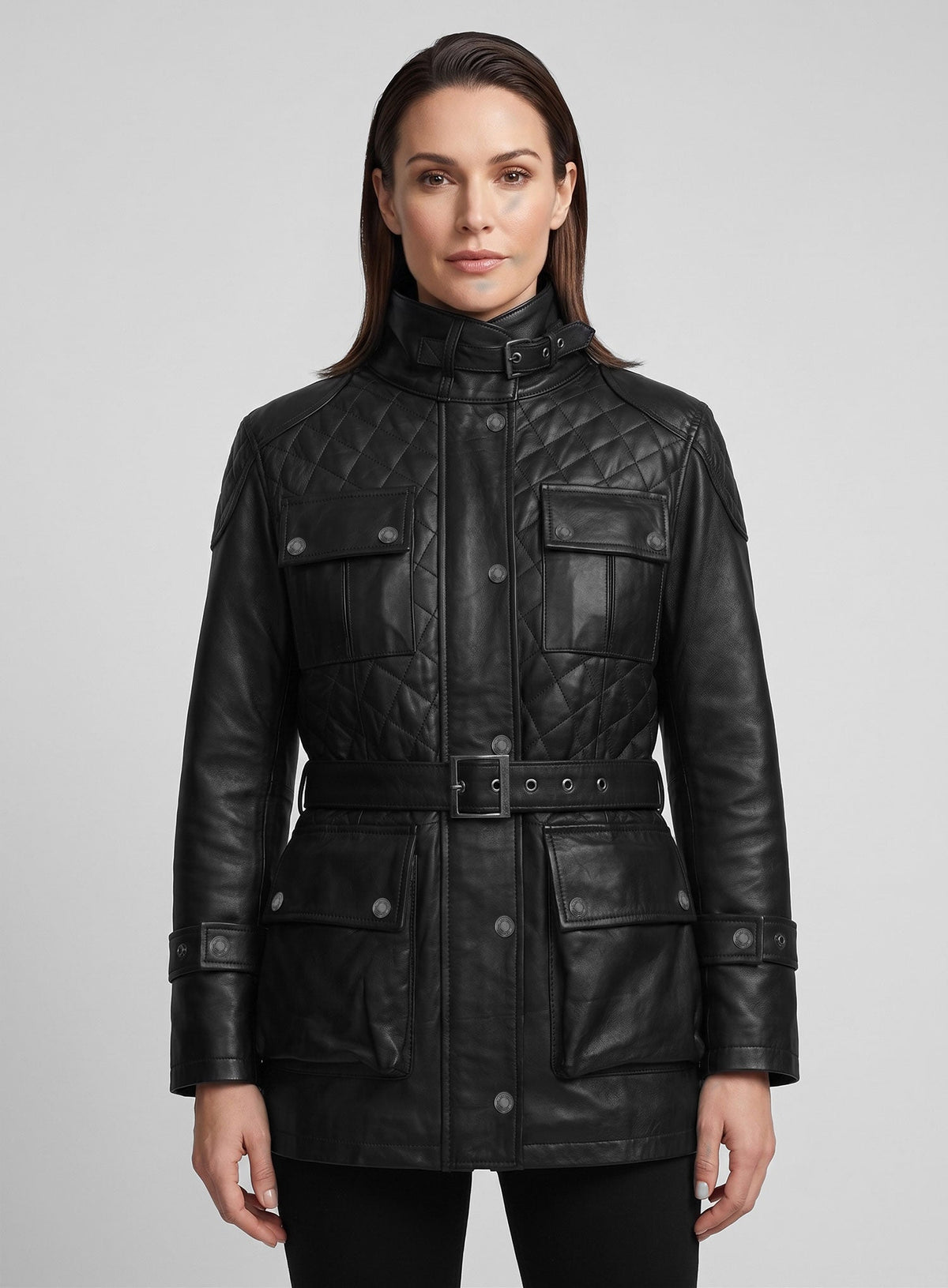 Victoria Beckham Black Leather Trench Coat – close-up and worn views