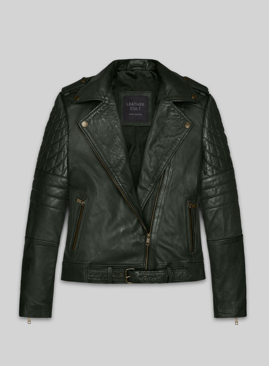 Victoria Justice Green Leather Jacket – front view