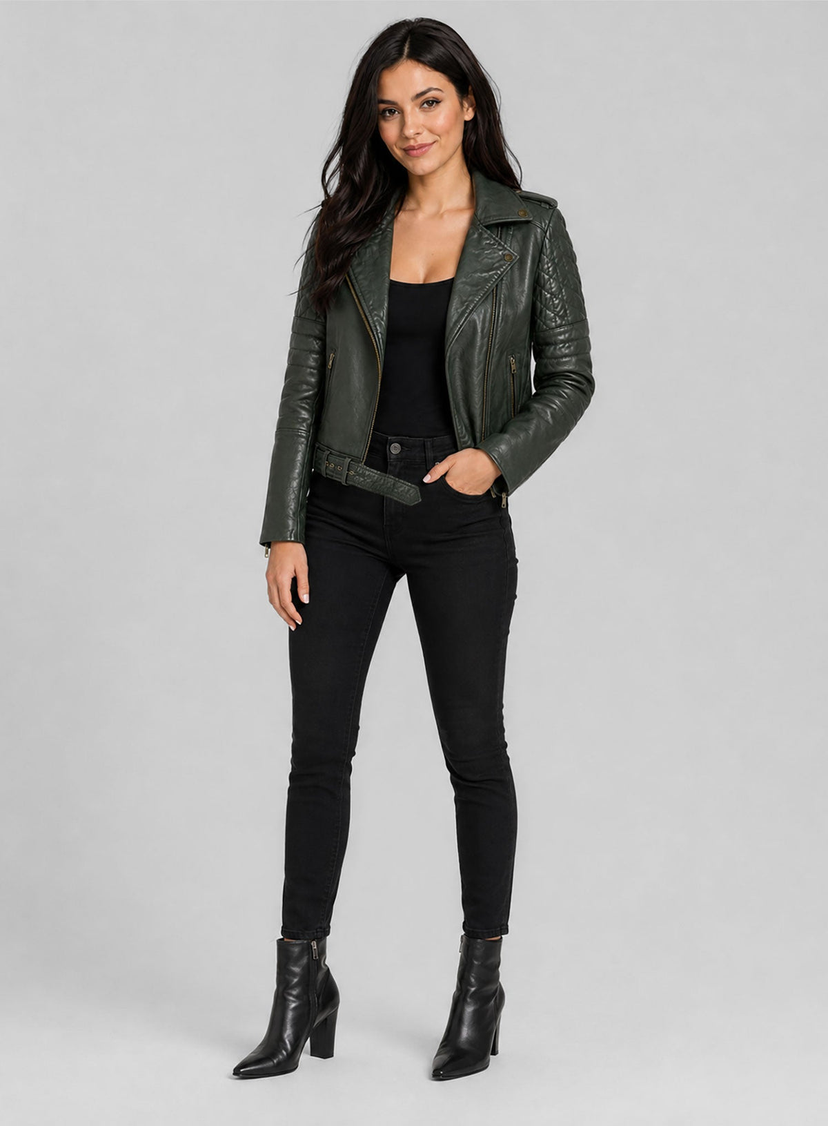 Victoria Justice Green Leather Jacket – full product view