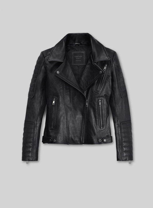 Victoria Justice Black Biker Leather Jacket – front view
