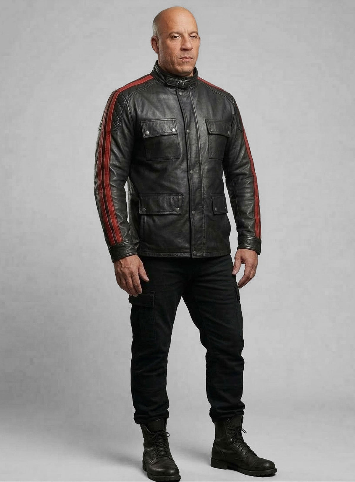 Vin Diesel Black Leather Jacket – close-up and worn views