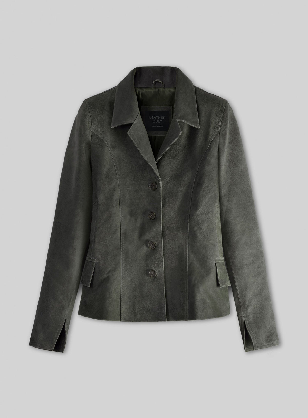 Vintage Italian Olive Carla Gugino Black Leather Blazer – front view