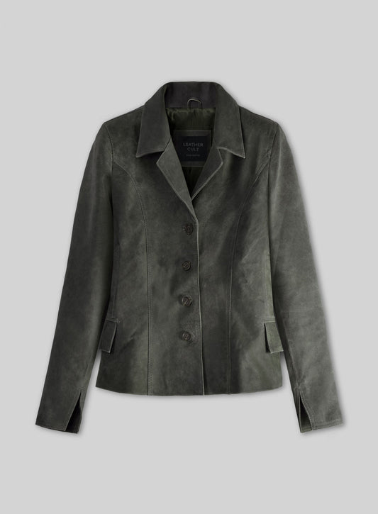 Vintage Italian Olive Carla Gugino Black Leather Blazer – front view