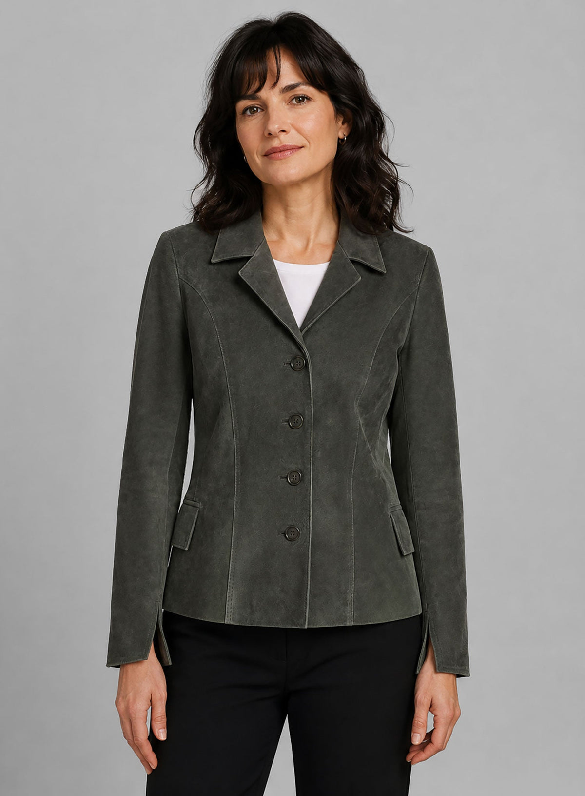 Vintage Italian Olive Carla Gugino Black Leather Blazer – close-up and worn views