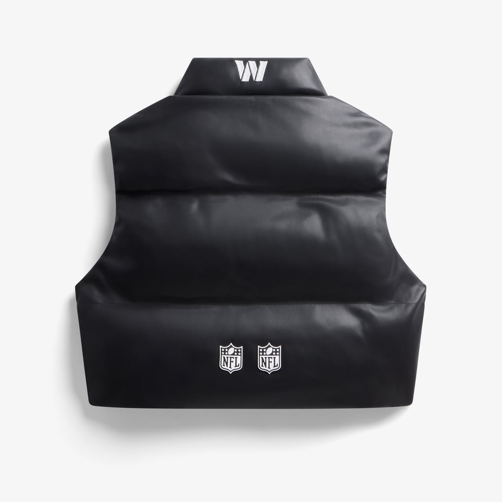 Washington Commanders women's black faux leather cropped puffer vest back view